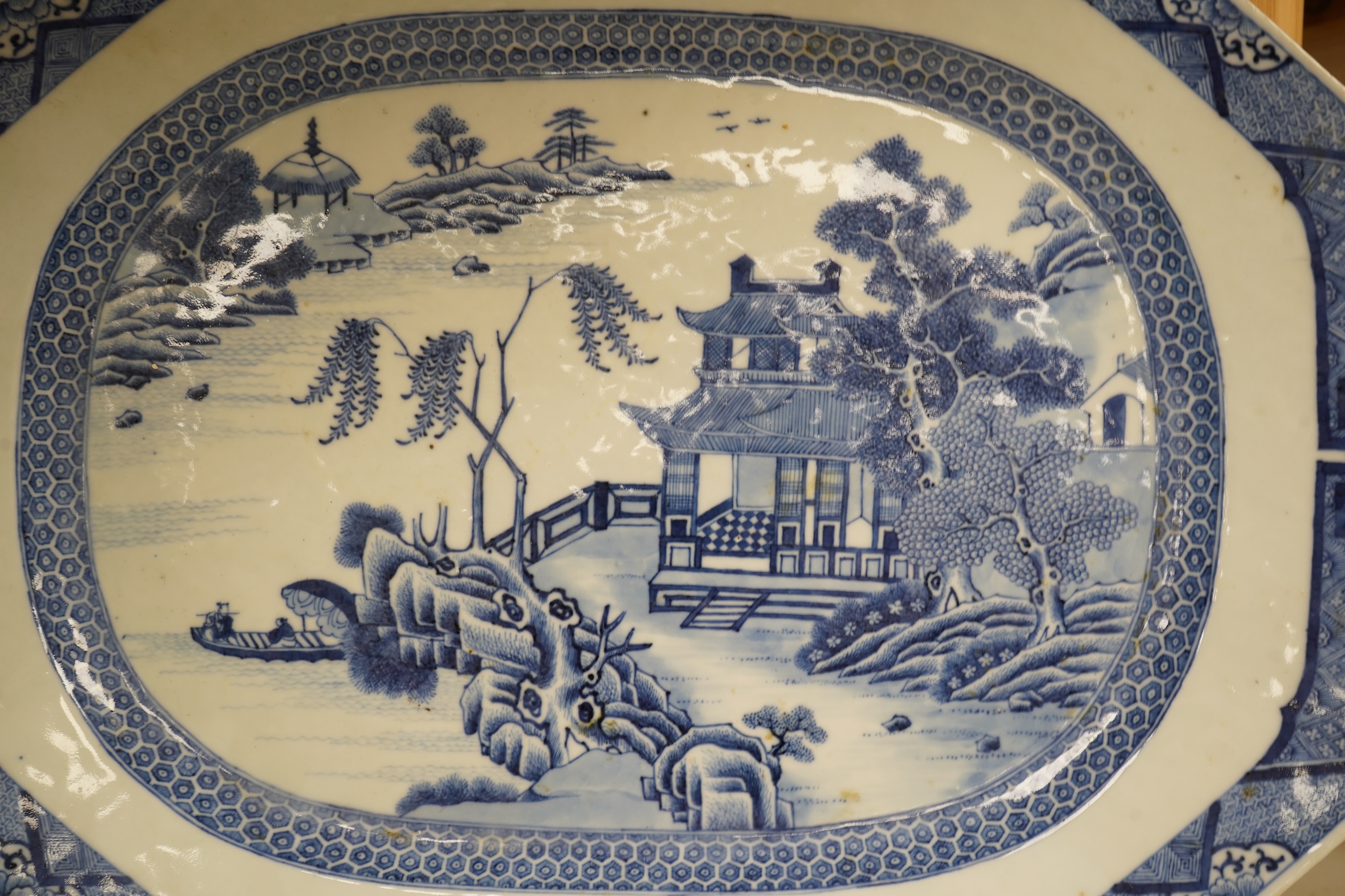An 18th century Chinese octagonal blue and white dish, 40cm wide